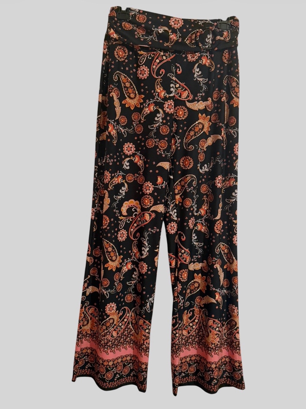 Robert Louis Black Wide-Leg Pants with Coral and Tan Floral Paisley